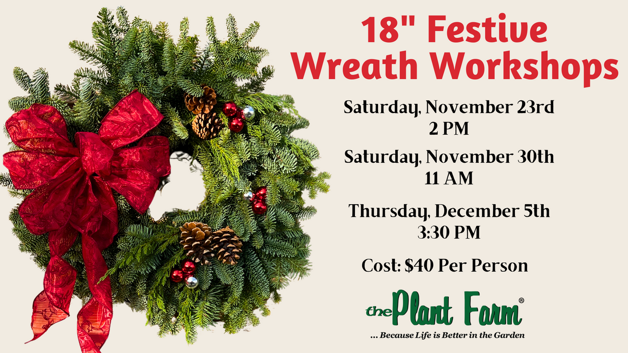 18" Wreath Workshop- Saturday November 23rd at 2PM, Saturday November 30th at 11AM, OR Thursday December 5th at 3:30PM